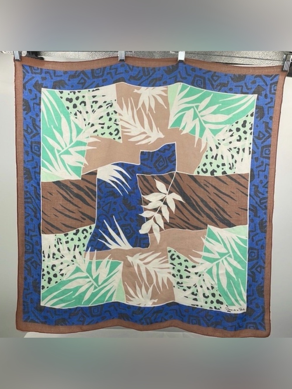Vintage 80s Oscar de la Renta cheetah tiger mixed print animal leaf print scarf